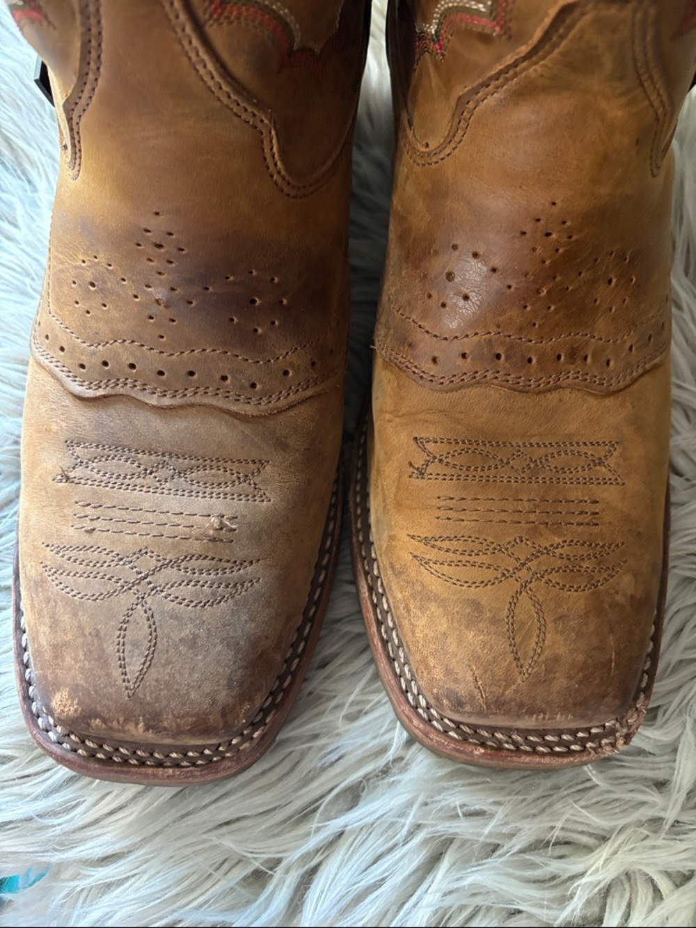 Double H Tan & Brown Leather Cowboy Boots with Red Stitching - Picture 8 of 8